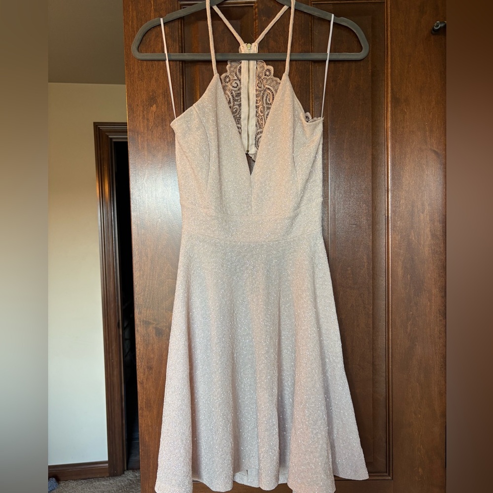 Pink Glitter Lace Back Short Women Dress